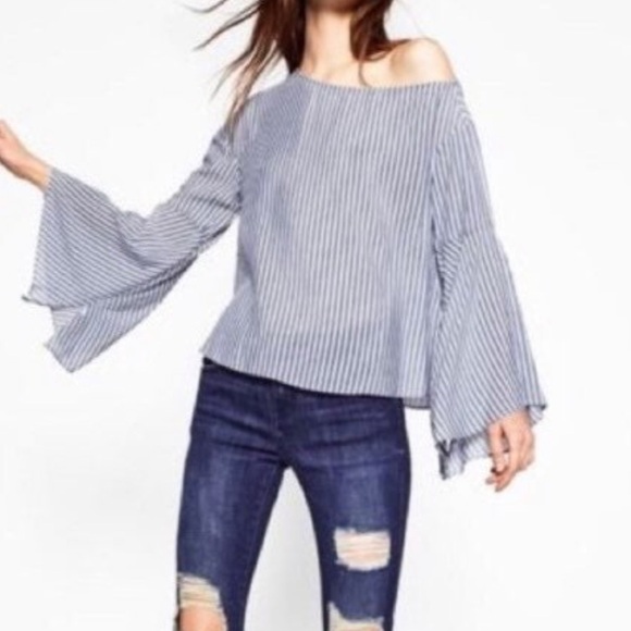 Zara Trafaluc Collection Blouse Off Shoulder Seersucker Striped Bell Sleeve Zip - Picture 4 of 11
